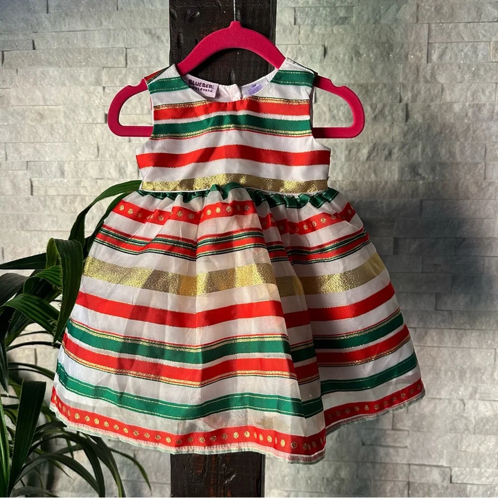 Blueberi Boulevard Christmas Holiday Stripe Ribbon Dress Size 12M